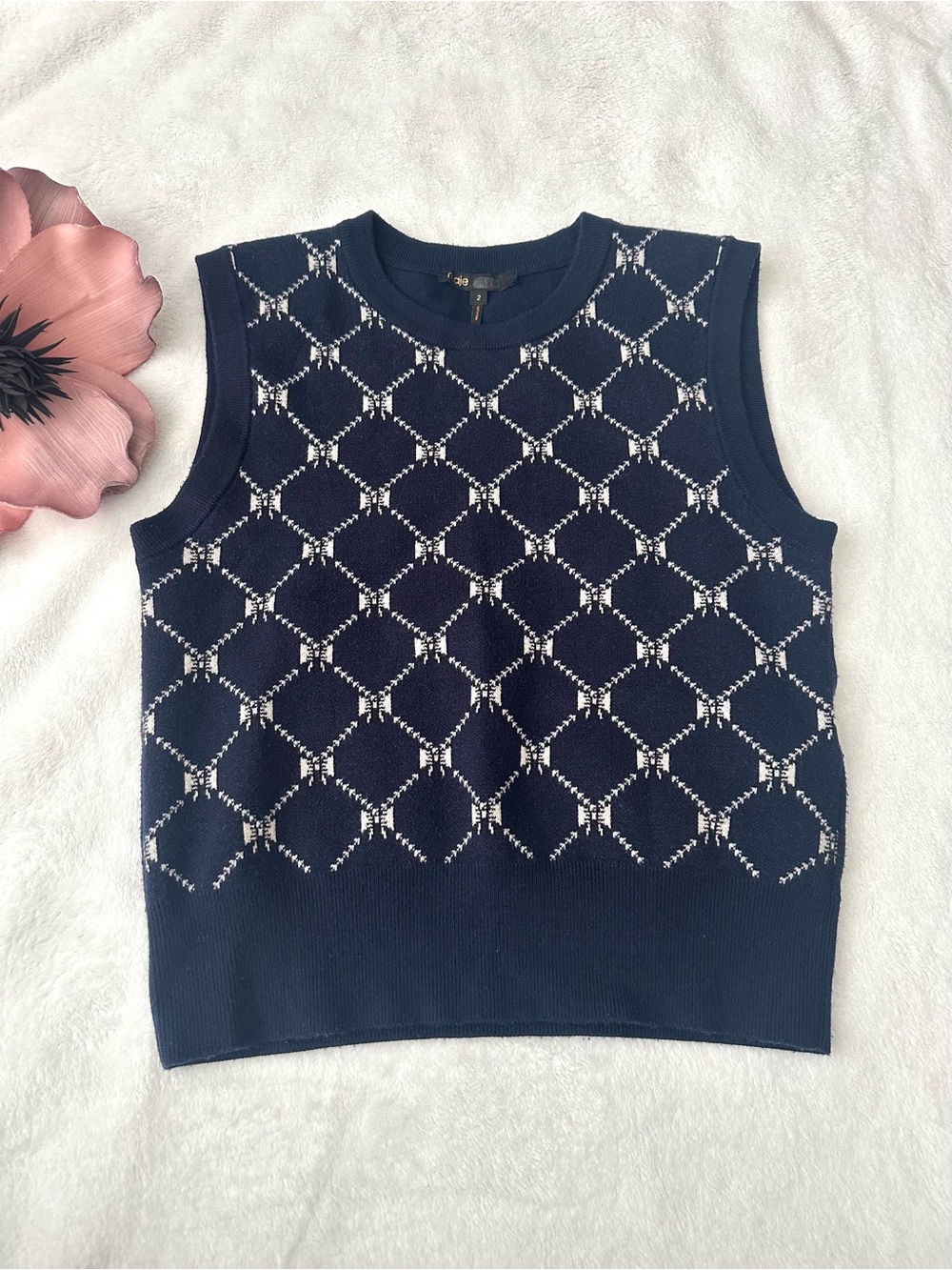 Maje Milia Bow Pattern Navy Sweater Vest Shell Maje 2 S/M
